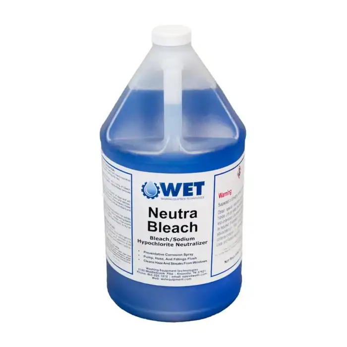 A gallon-sized plastic container labeled "Neutra Bleach" with blue liquid inside, used for bleach and sodium hypochlorite neutralization.