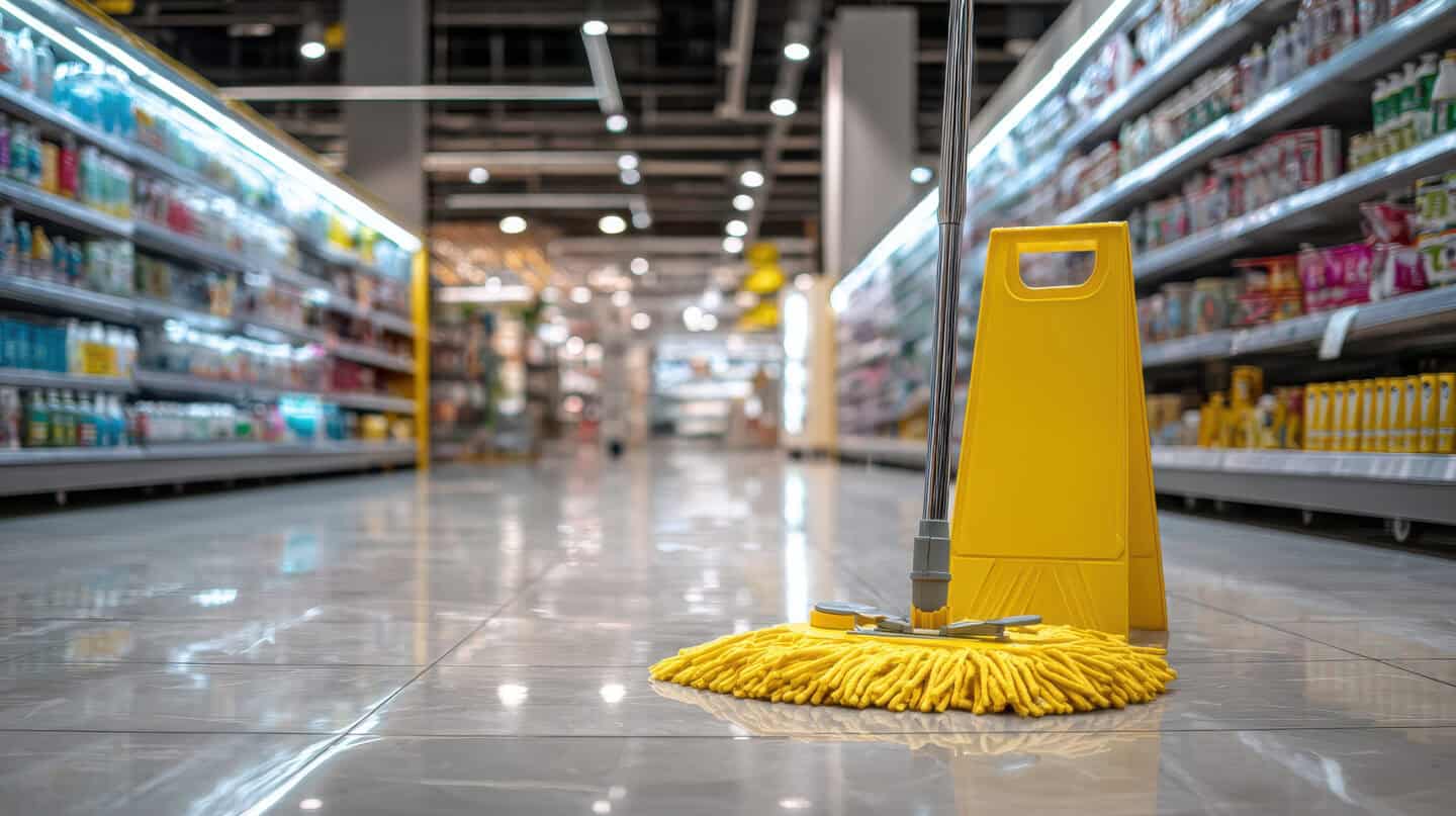A yellow mop and caution sign are placed on the clean, shiny floor of a supermarket aisle lined with shelves of products.