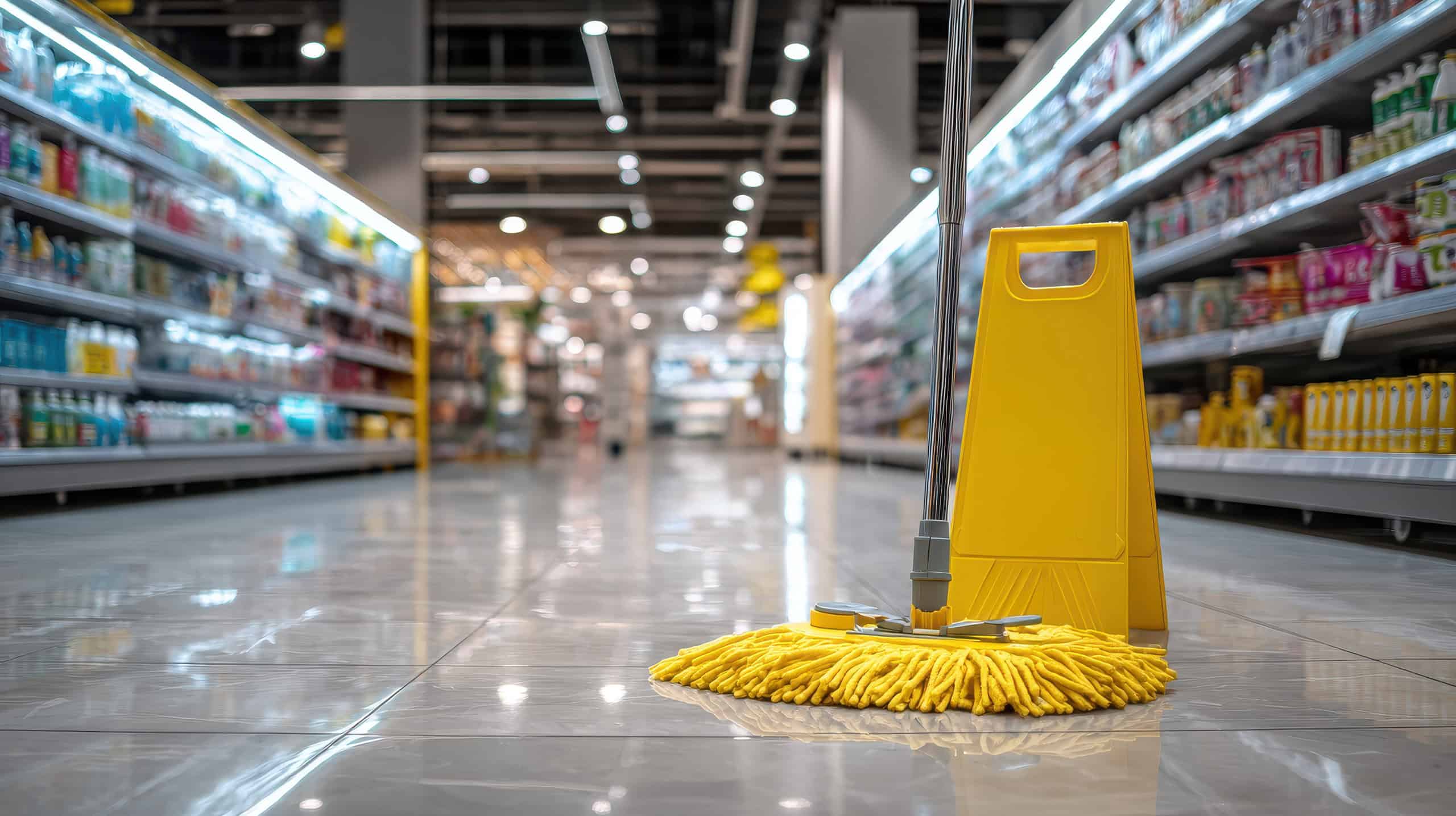 A yellow mop and caution sign are placed on the clean, shiny floor of a supermarket aisle lined with shelves of products.